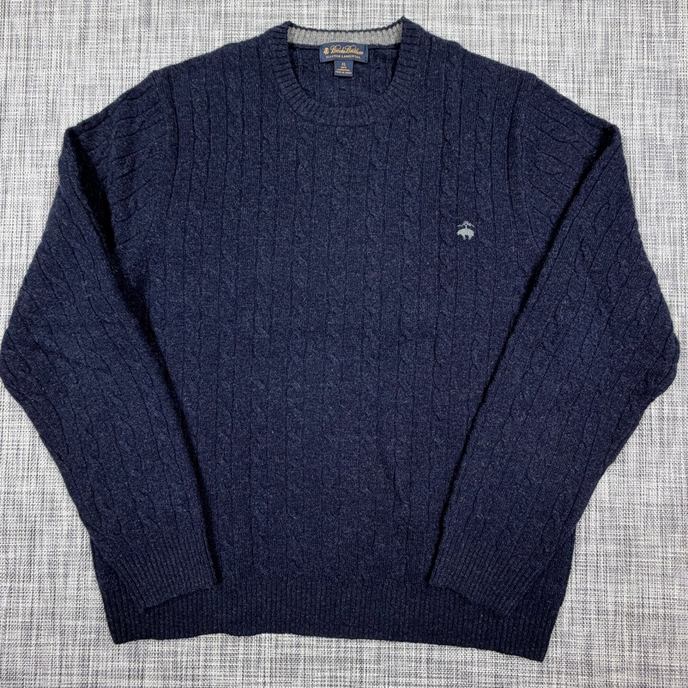 Brooks Brothers Mens XL Navy Scottish Lambswool Cable Knit Crew Neck Sweater
